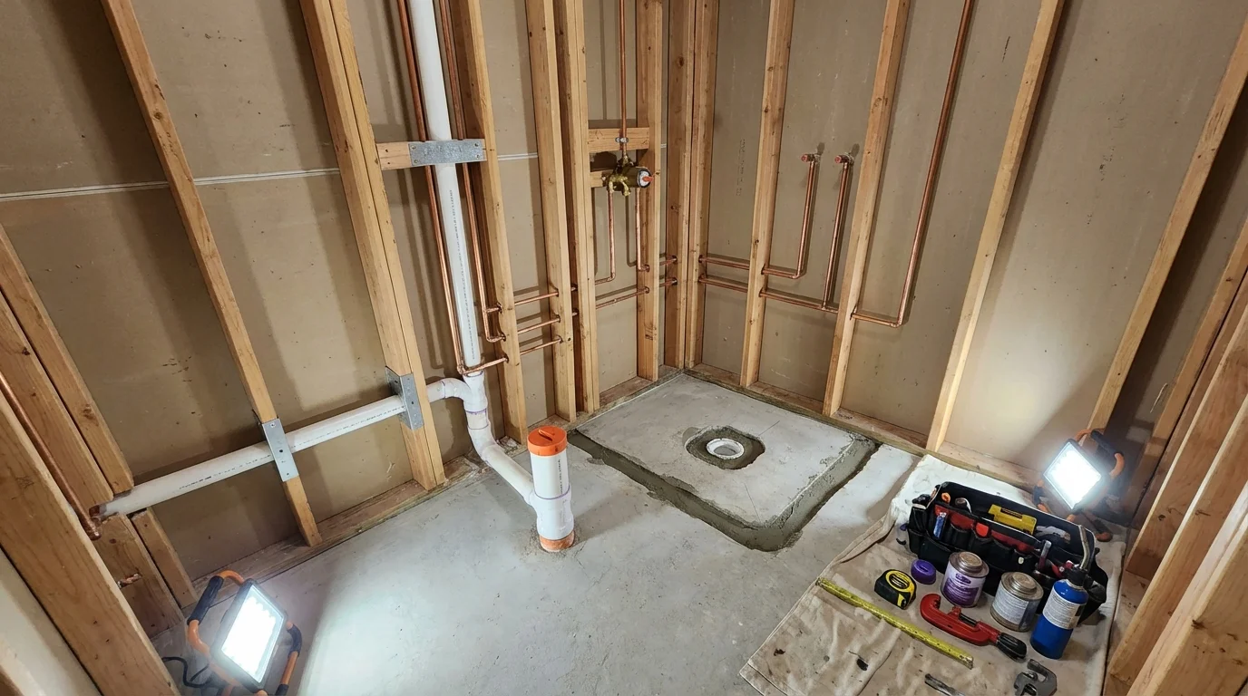 Bathroom rough-in plumbing during remodel by Johns Plumbing LLC in Fulton