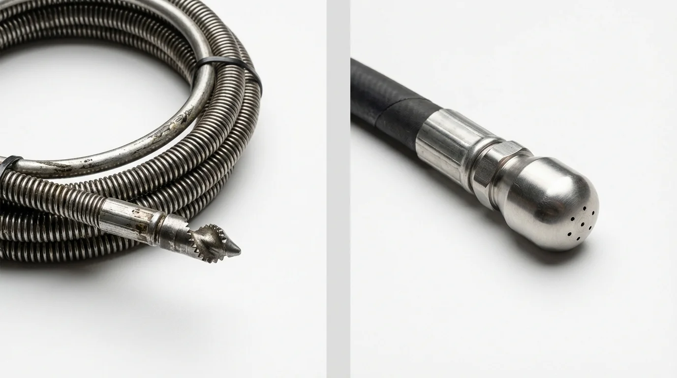 Drain snake cable and hydro jetting nozzle used for drain cleaning in Fulton, TX