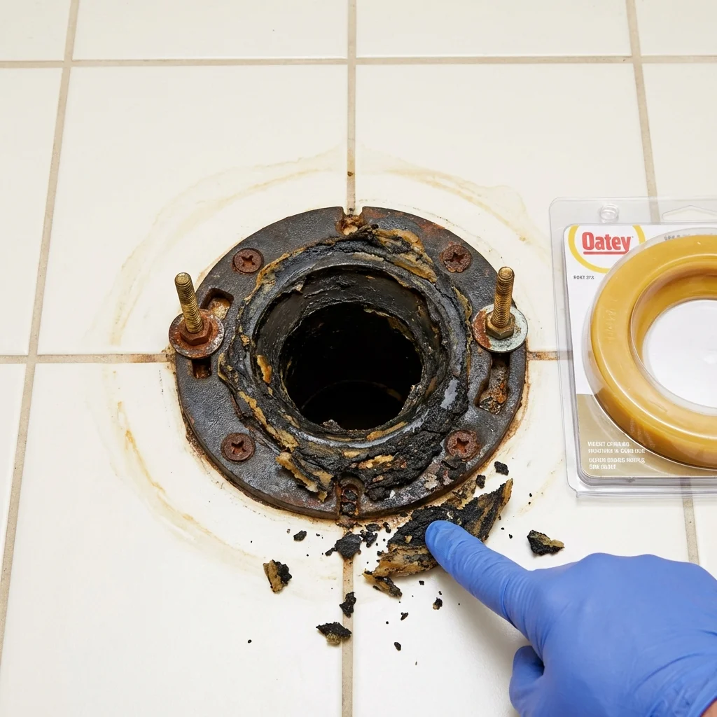 Failed wax ring showing water seepage at the base of a toilet in a Fulton, TX home