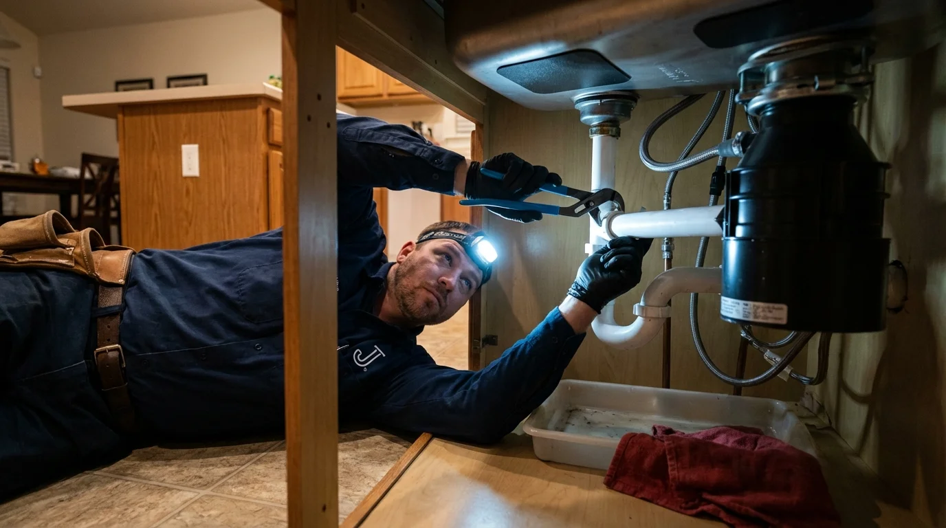 P-trap and supply line connections under a kitchen sink showing a common leak point in Fulton, TX